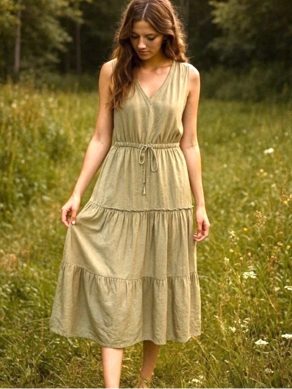 Lands' End Sleeveless Tiered Midi Dress in Tan